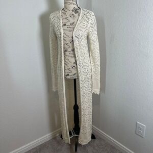 Freshman Long Crochet Open-Front Cardigan in Cream